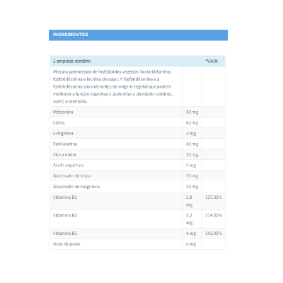 Tabela de ingredientes com composição de 2 ampolas e percentagens de V.R.N.