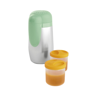 Conjunto Chicco com termocolor metálico verde e recipientes plásticos amarelos para puré