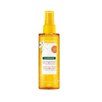 Frasco amarelo de óleo seco solar Klorane Polysianes SPF 30 com tampa de pulverizador