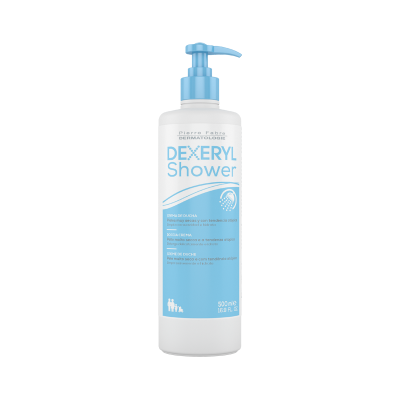Frasco branco com doseador azul claro do creme de duche DEXERYL Shower 500 ml