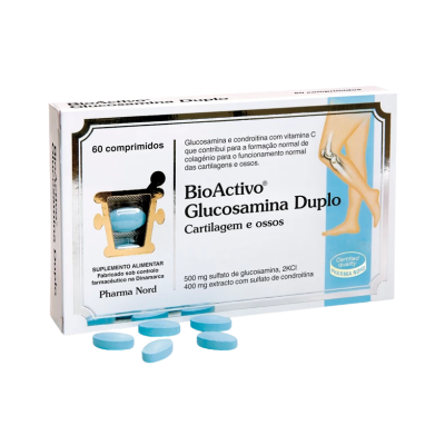 Caixa de suplemento BioActivo Glucosamina Duplo com comprimidos azuis e texto em português.