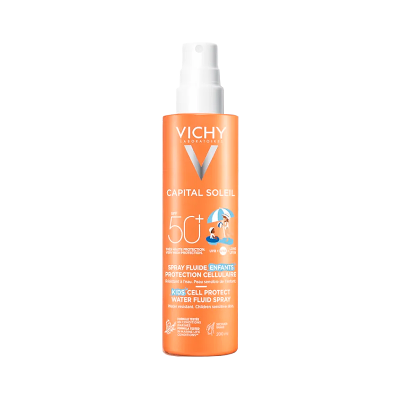 Spray fluido para crianças Vichy Capital Soleil SPF 50+ embalagem laranja