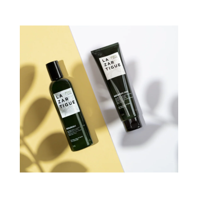 Produtos LAZARTIGUE em embalagens verdes com rótulos brancos sobre fundo amarelo e branco