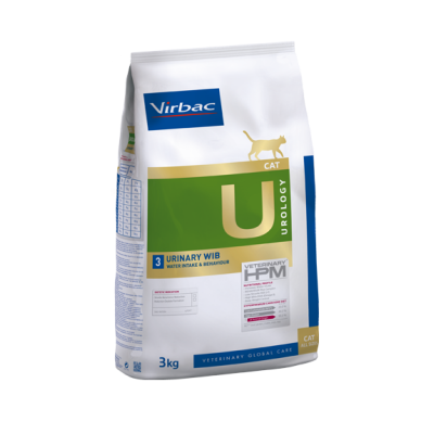 Embalagem de ração Virbac Urology para gatos, 3 kg, branca com detalhes verdes e azuis