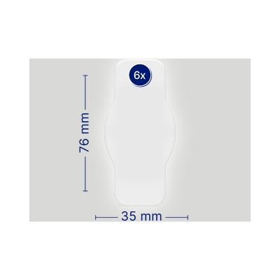 Peça branca alongada com dimensões 76x35 mm e texto 6x em círculo azul