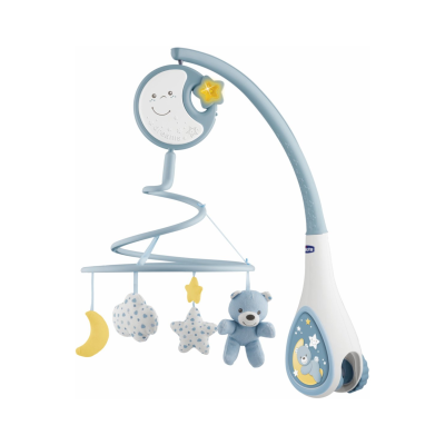 Móvel infantil musical azul e branco com bonecos pendurados de lua, nuvem, estrela e urso.