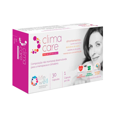Embalagem do suplemento Clima Care Menopausa com detalhes e foto de mulher