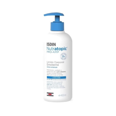 Frasco branco com doseador azul de loção corporal ISDIN Nutratopic PRO-AMP
