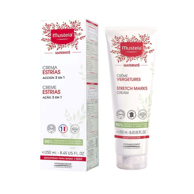 Creme contra estrias Mustela Maternité 250 ml com embalagem branca, detalhes vermelhos e verdes