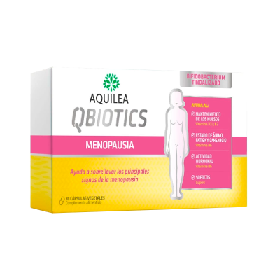 Caixa de suplemento Aquilea QBiotics Menopausia com 30 cápsulas vegetais e informações em espanhol