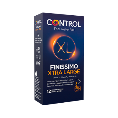 Embalagem de preservativos Control Finissimo Xtra Large azul escuro com texto branco e laranja