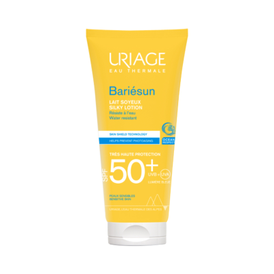 Embalagem amarela e branca de loção solar Bariésun SPF 50+ da Uriage