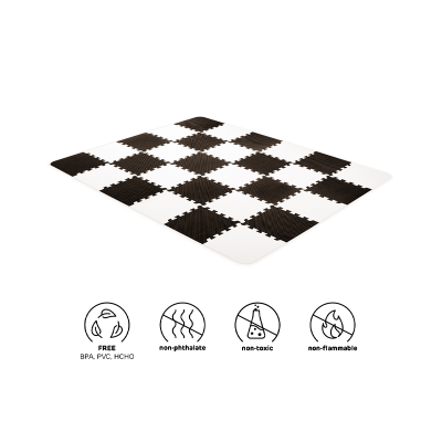 Tapete encaixável preto e branco tipo tabuleiro de xadrez com ícones de segurança