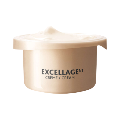 Frasco bege com creme branco e texto EXCELLAGEN NT CREME / CREAM