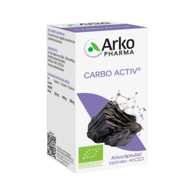 Caixa branca de suplemento alimentar Arkopharma Carbo Activ com imagem de carvão e texto informativo.