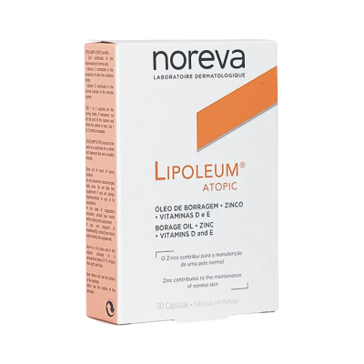 Caixa branca de suplemento Lipoleum Atopic da Noreva com detalhes laranja.