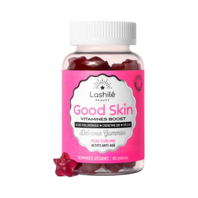 Frasco com gomas vermelhas em forma de estrela e rótulo rosa com texto em francês