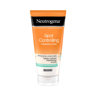 Creme hidratante Neutrogena Spot Controlling em bisnaga laranja, preto e branco