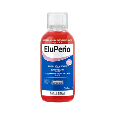 Garrafas de colutório EluPerio de 300 ml com rótulo azul e branco