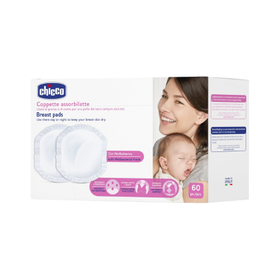 Caixa de discos absorventes para seios Chicco com imagem de mãe e bebé
