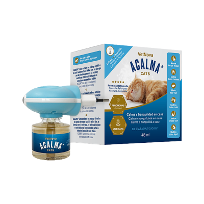 Difusor VetNova ACALMA CATS com frasco e caixa com gato
