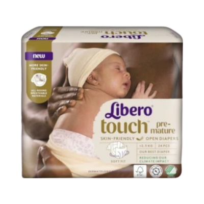 Pacote de fraldas abertas Libero Touch pré-maturo com imagem de bebé a dormir
