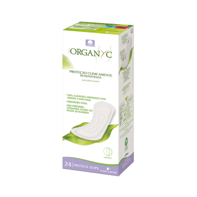 Embalagem de protegeslips Organyc branca e verde com texto e imagem do produto.