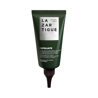 Gel esfoliante pré-shampoo em tubo verde escuro com tampa preta