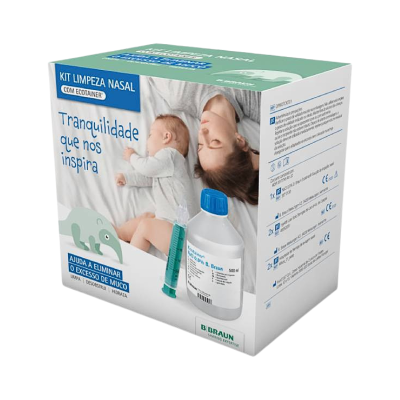 Kit Limpeza Nasal B Braun com frasco, seringa e imagem de bebé e mãe