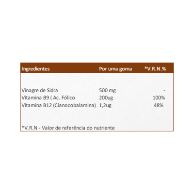 Etiqueta com ingredientes e valores nutricionais de suplemento com vinagre de sidra, Vitamina B9 e B12