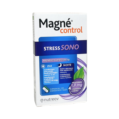 Embalagem de suplemento Magné Control Stress Sono com texto sobre ingredientes e benefícios