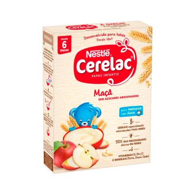 Caixa de papa infantil Nestlé Cerelac sabor Maçã com ilustração de urso azul e maçãs