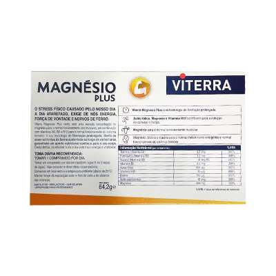 Embalagem de suplemento alimentar Viterra Magnésio Plus com texto e tabela nutricional