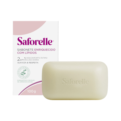 Sabonete Saforelle em barra com embalagem branca e rosa clara