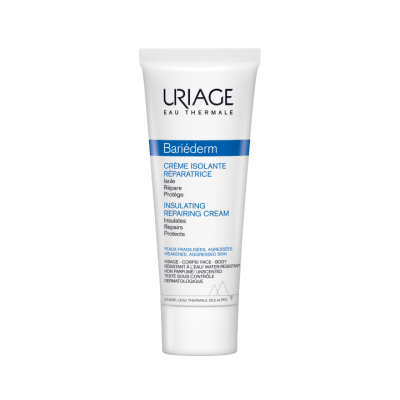 Tubo branco de creme URIAGE Bariéderm para pele fragilizada, isolante e reparador