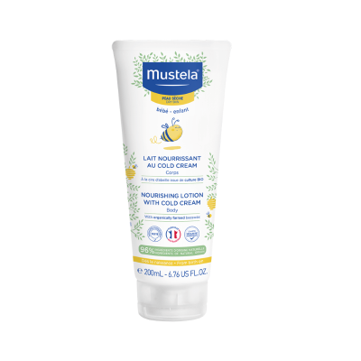 Frasco branco de loção nutritiva Mustela com desenho de abelhas e folhas