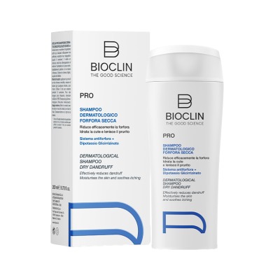 Frasco e embalagem de champô dermatológico BIOCLIN PRO para forfora seca branco e azul