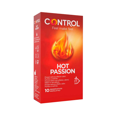 Embalagem vermelha de preservativos CONTROL Hot Passion com chama desenhada