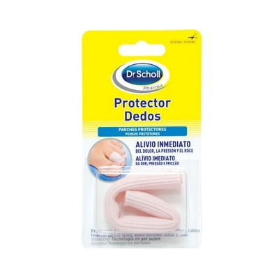 Produto Dr.Scholl Protector Dedos em embalagem amarela com protetores em gel branco visíveis