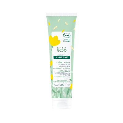 Tubo de creme para bebé verde com flores amarelas e texto KLORANE