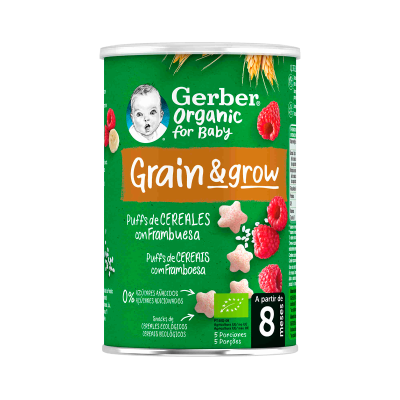 Lata verde de cereais infantis com framboesa Gerber Organic para bebés
