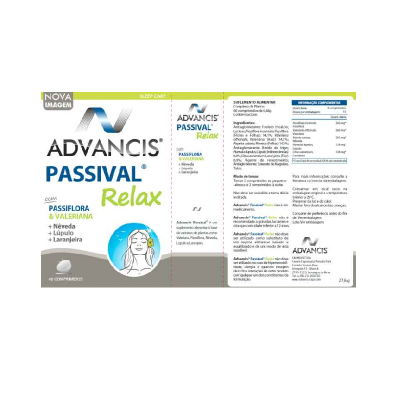 Embala de suplemento Advancis Passival Relax com 60 comprimidos e texto informativo