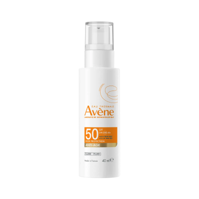Frasco branco de fluido de proteção solar Avène FPS 50 com tampa transparente