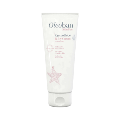 Frasco branco de creme para bebé Oleoban Skin First com estrela do mar rosa