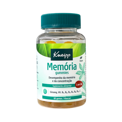 frasco de suplementos Memória gummies Kneipp com rótulo verde e branco