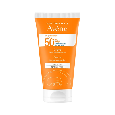 Frasco de creme de proteção solar Avène laranja e branco