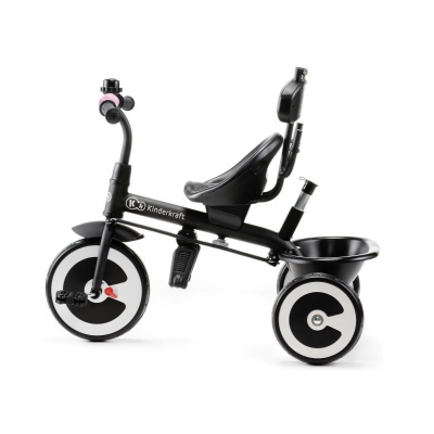 Triciclo infantil preto com rodas brancas e pretas e assento com costas