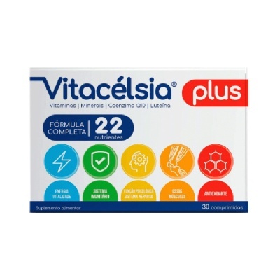 Embalagem do suplemento alimentar Vitacélsia plus com 30 comprimidos