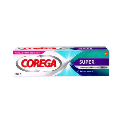 Embalagem creme fixativo Corega Super 40g com sabor a menta para próteses dentárias