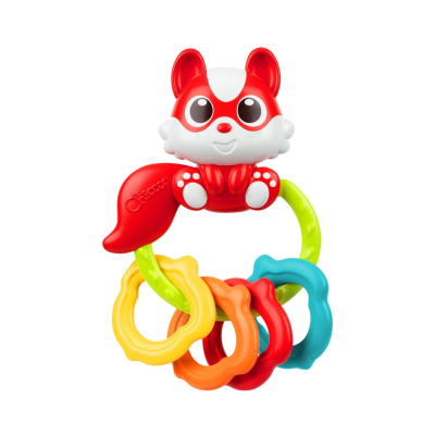 Brinquedo para bebé com anel verde, esquilo vermelho e branco e argolas coloridas